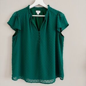 J Crew Ruffle Neck Swiss Dot Button Front Blouse Emerald Green Small